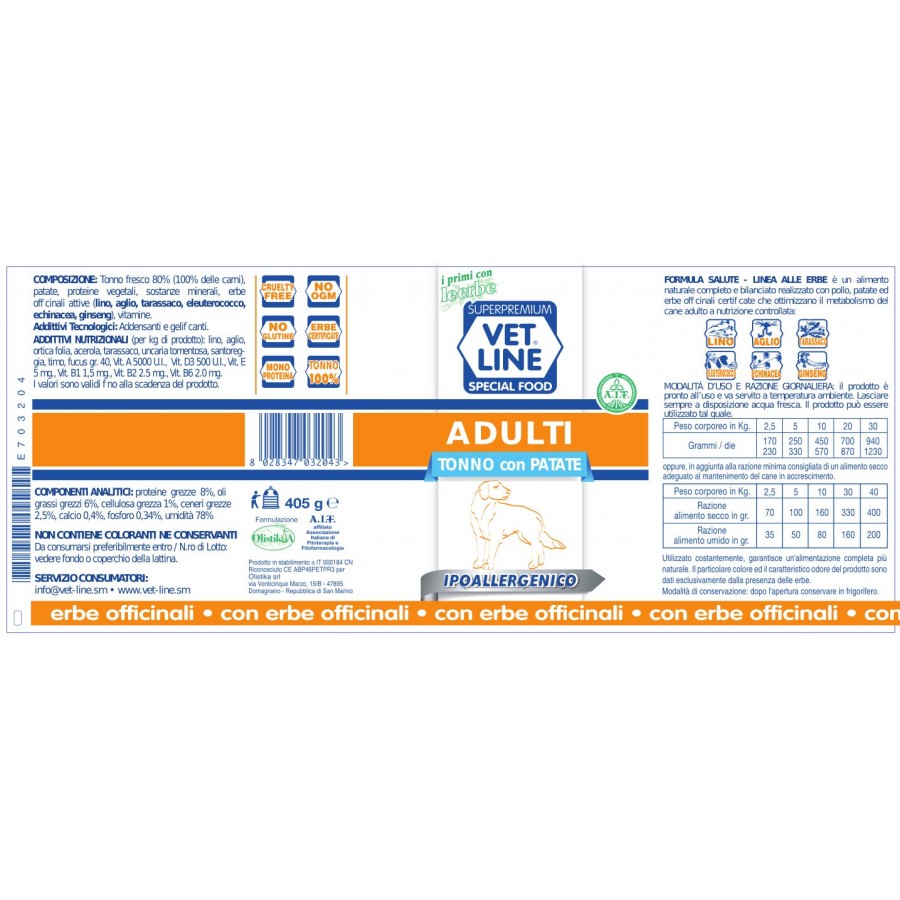 Vet Line Adulti Ipoallergenico Tonno & Patate 400g Vet Line Adulti Ipoallergenico Tonno & Patate 400g